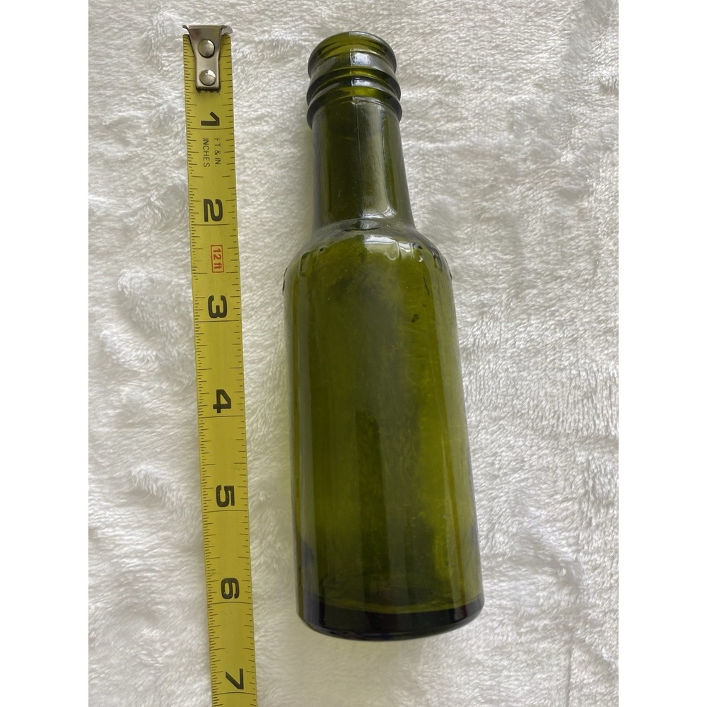 Vintage Olive Green Glass Bottle 6.75 Inch Multi Ring Stepped Neck Pepper Sauce